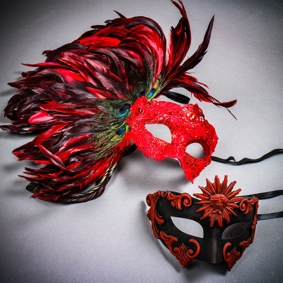 Red Roman Greek Emperor & Side Peacock Feather Lace Couple Masquerade Masks - Picture 2 of 4